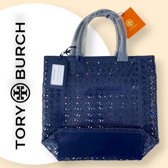 🆕️Tory Burch Navy Blue Cutout Tote Bag 👜 Chic Designer Beach & Shopping Bag - Picture 1 of 16